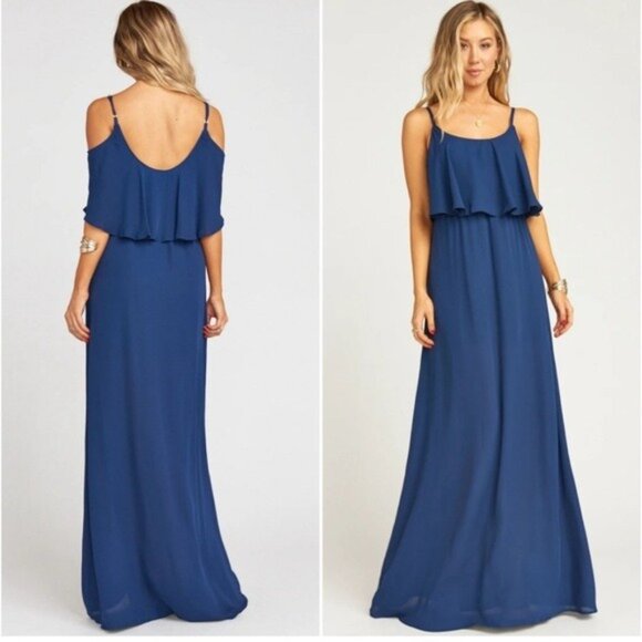 Womens Navy Blue Cold Shoulder Maxi Dress With Ruffle Detail Spaghetti Straps & - Picture 6 of 9